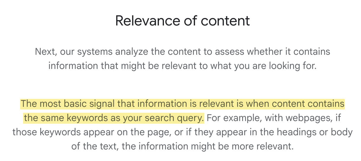 从Google的搜索如何工作的段落中,解释了Google如何分析一件内容是否相关
