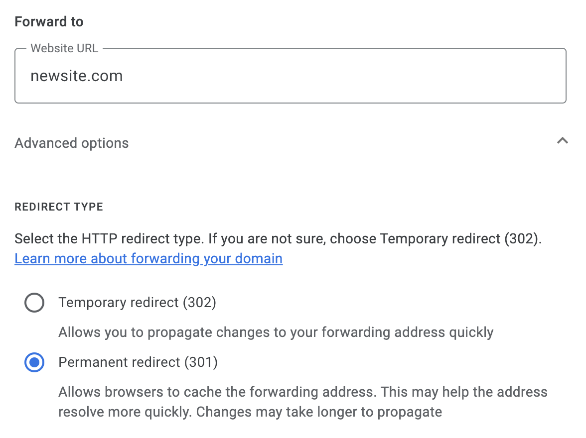 Page to permanent redirect (301) in Google Domains