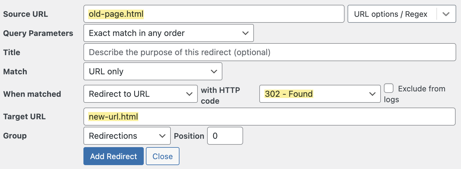 Page to create 302 redirect