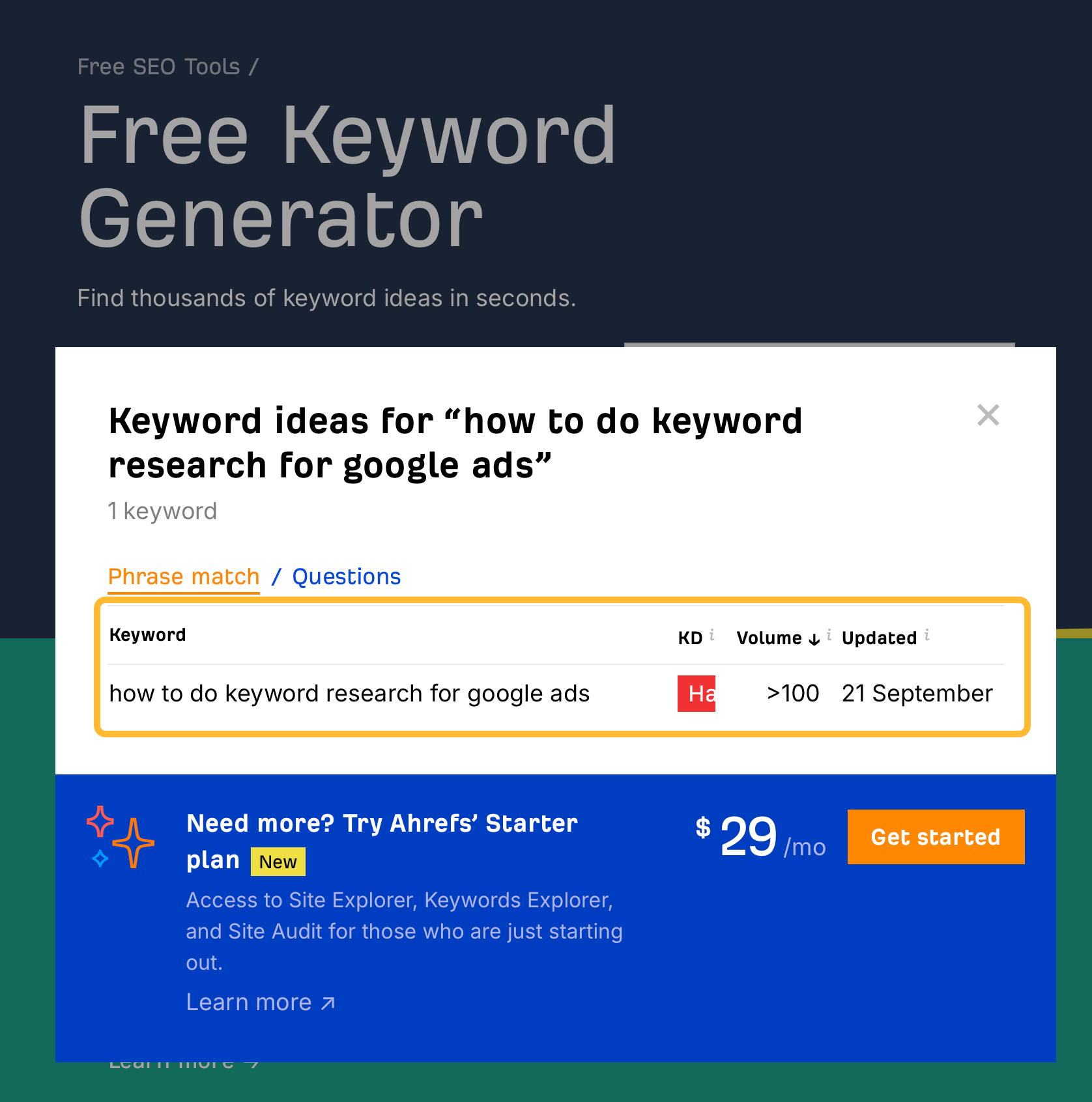 Free keyword generator by Ahrefs