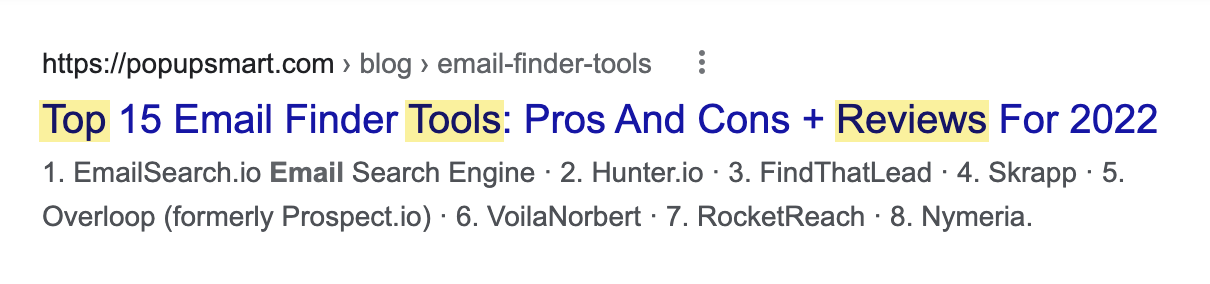 Examples of search modifiers for finding listicles