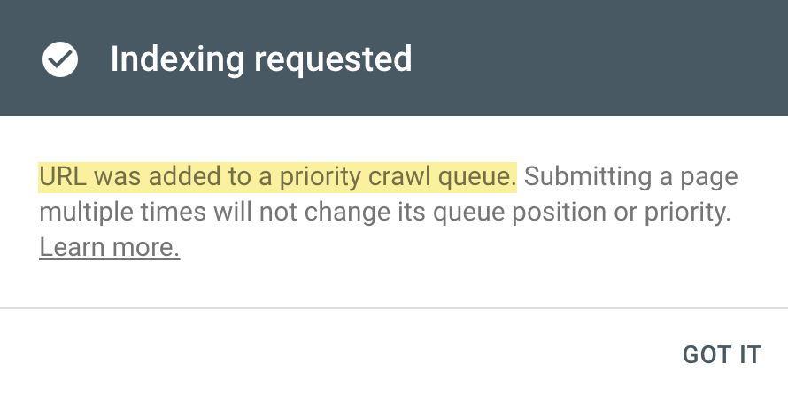 "Indexing requested" notice in Google Search Console