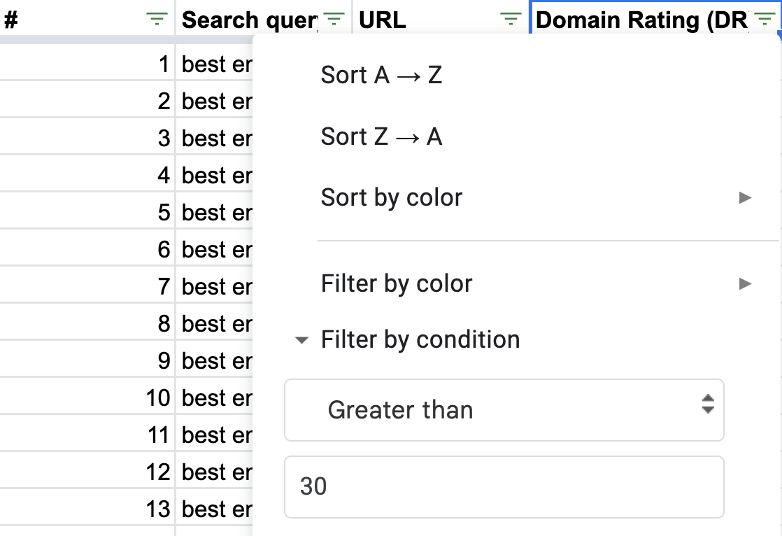 Filtering for DR 30+ prospects in Google Sheets