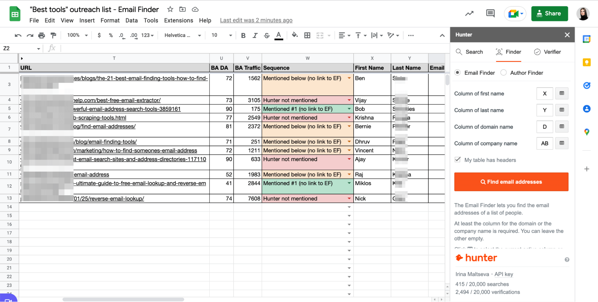 Using Hunter's Google Sheets add-on to find email addresses