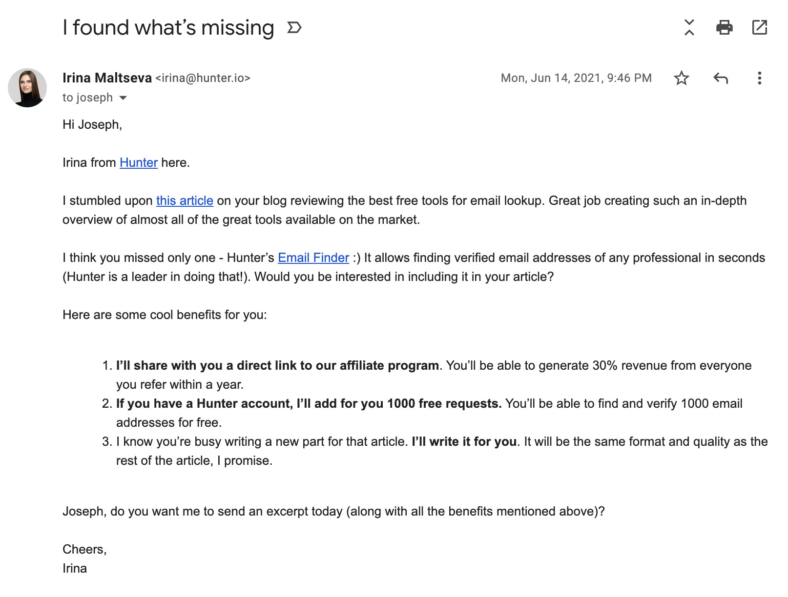Example outreach email