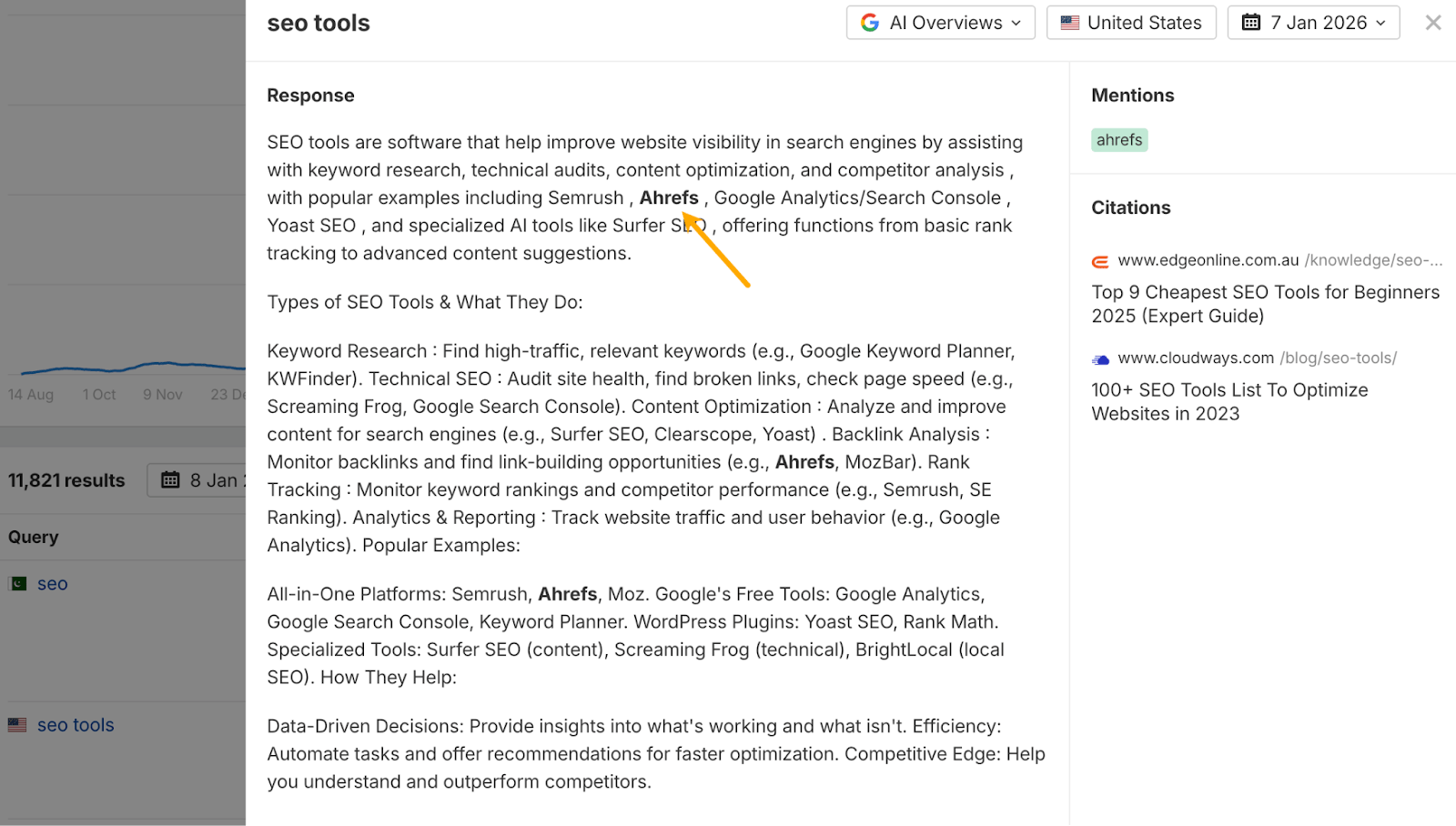 Example of AI mention showing brand referenced in AI-generated response. Data via Ahrefs Brand Radar. 
