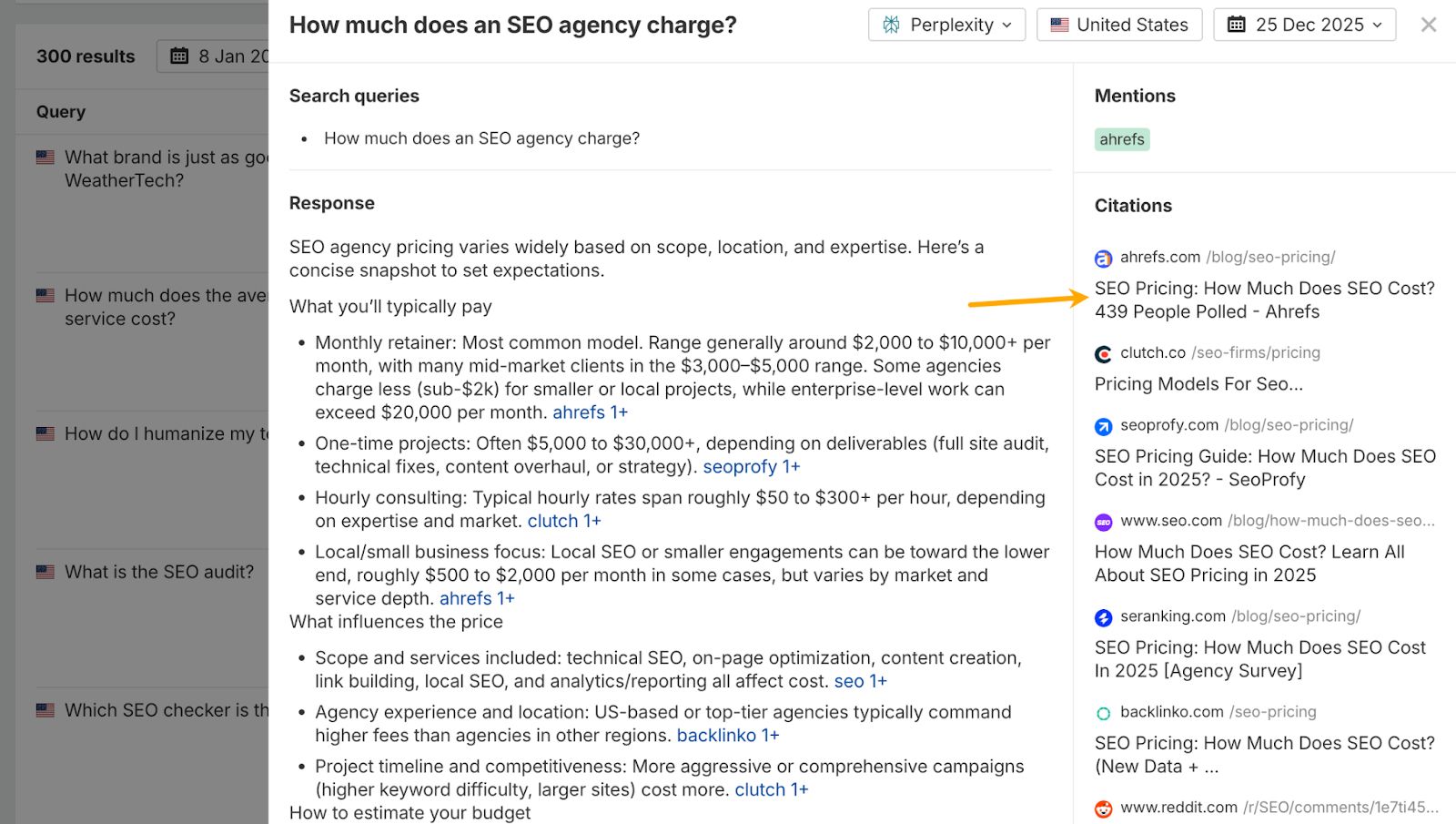 Example of AI citation showing linked reference to website in AI response. Data via Ahrefs Brand Radar. 