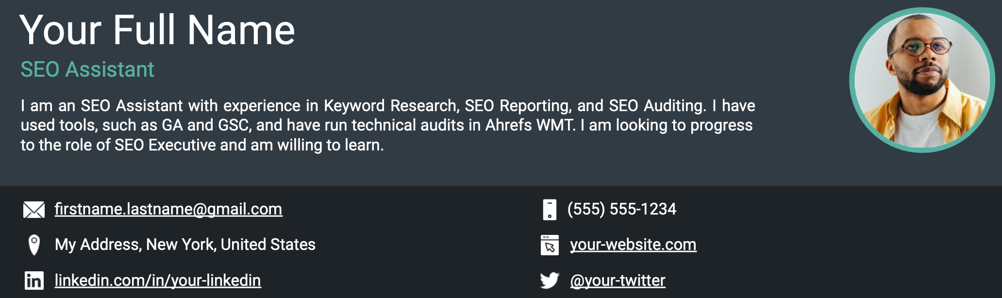 Screenshot of SEO resume template header, via Google Slides