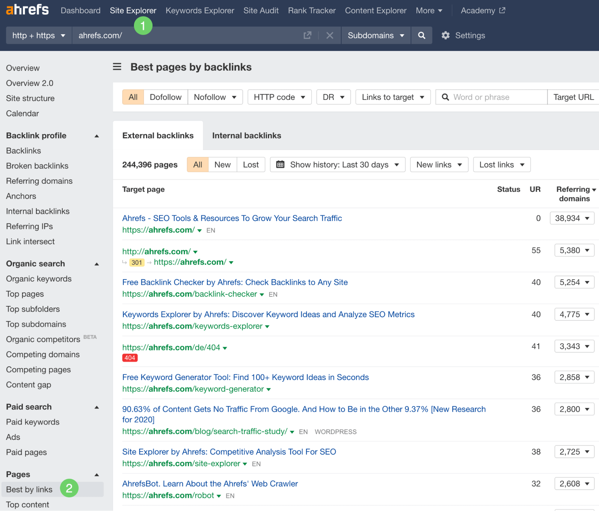网站分析(Site Explorer)中的按反链数量排序
