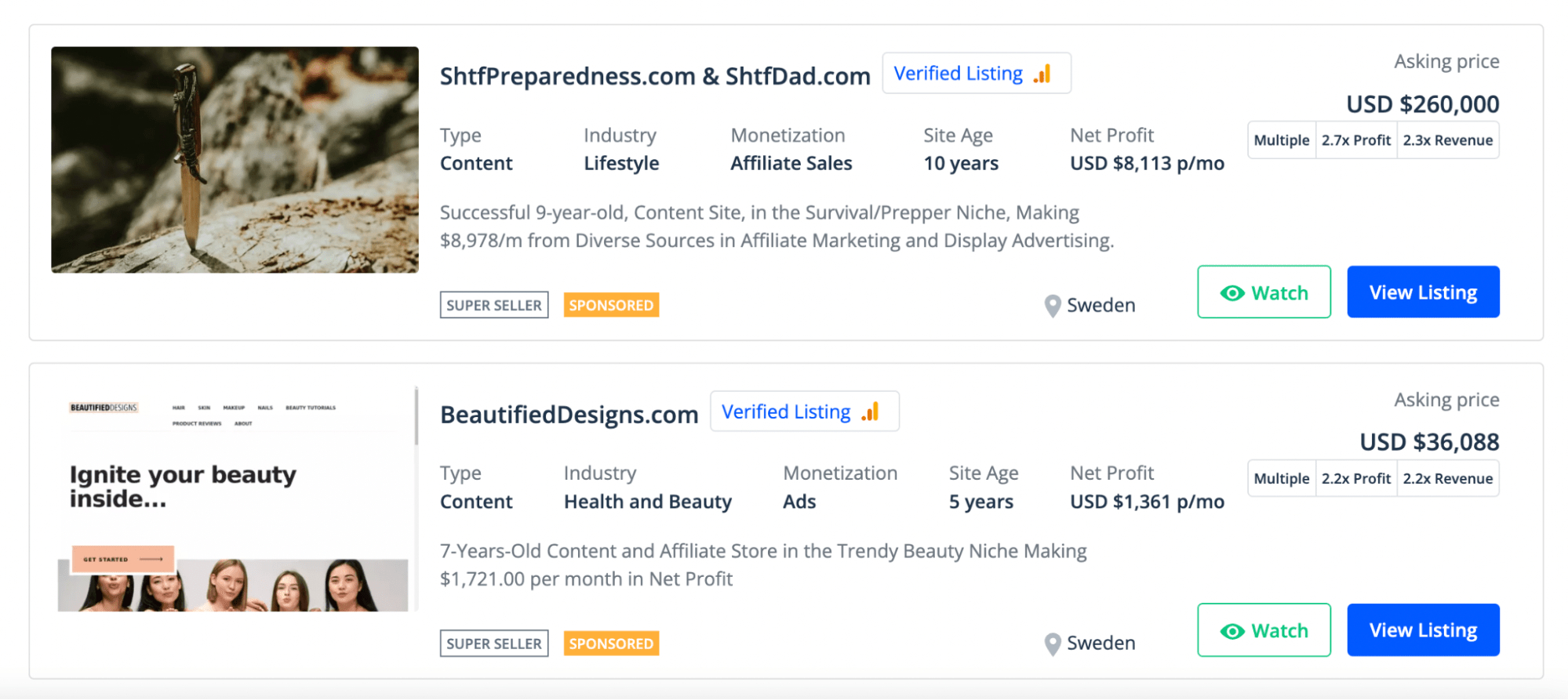Example of how to make money using SEO on niche sites, via Flippa