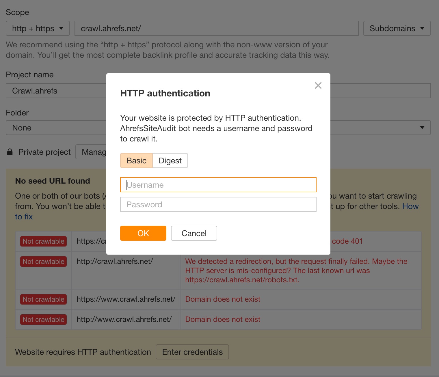 HTTP authentication, via Ahrefs' Site Audit