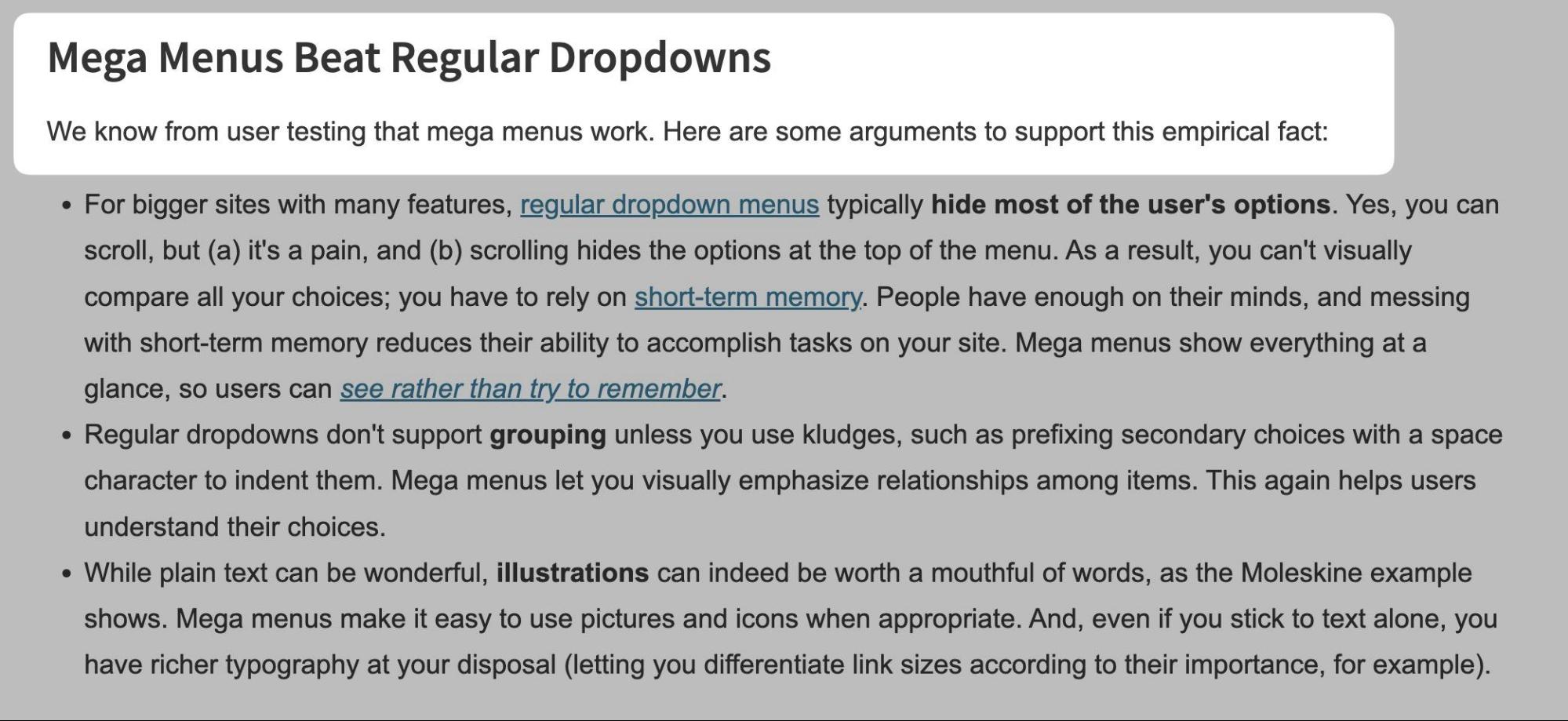 Quote on mega menus from the Nielsen Norman Group