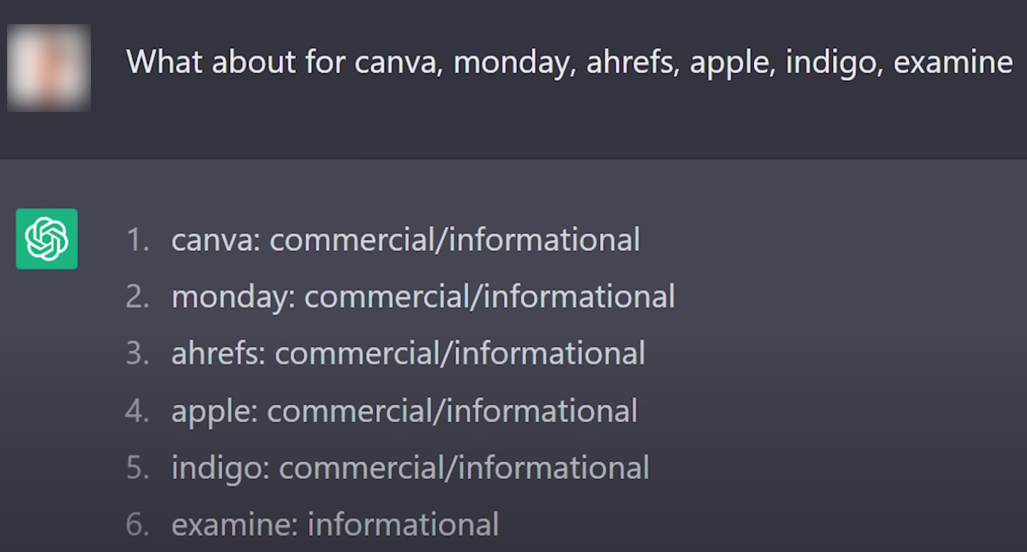 ChatGPT无法识别五个关键字的主要搜索意图。