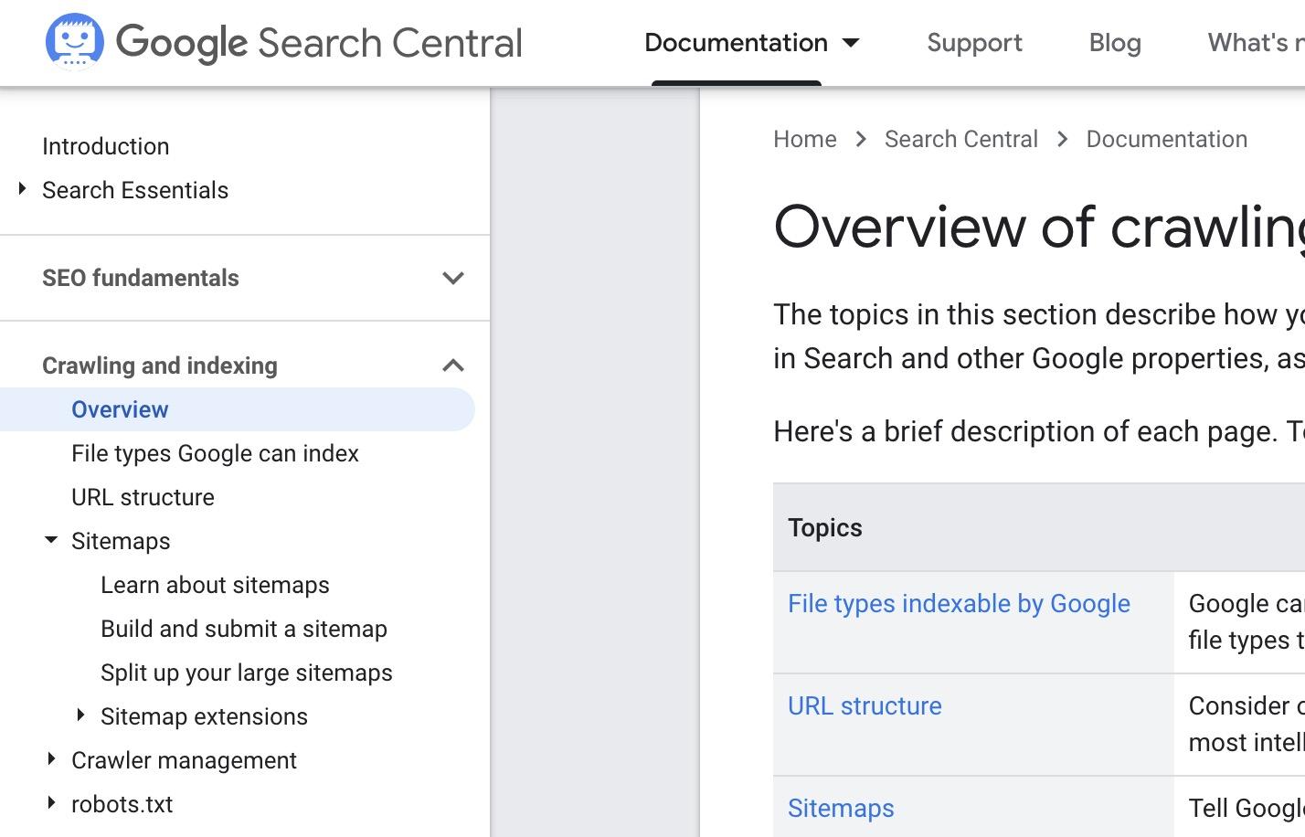 Sidebar hierarchy navigation on Google Search Central