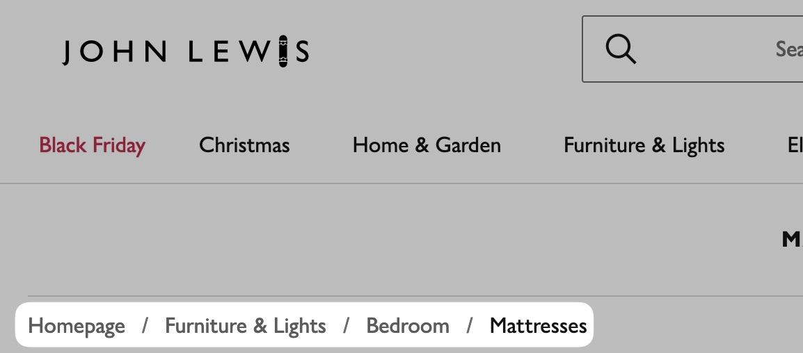 Breadcrumb navigation on John Lewis