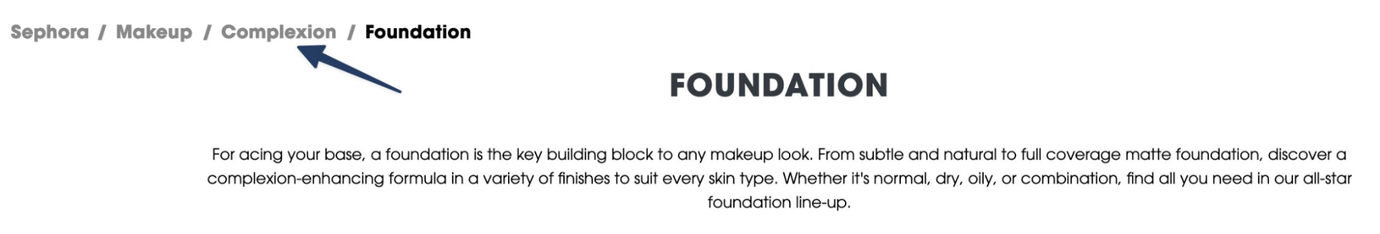 Breadcrumbs links on Sephora