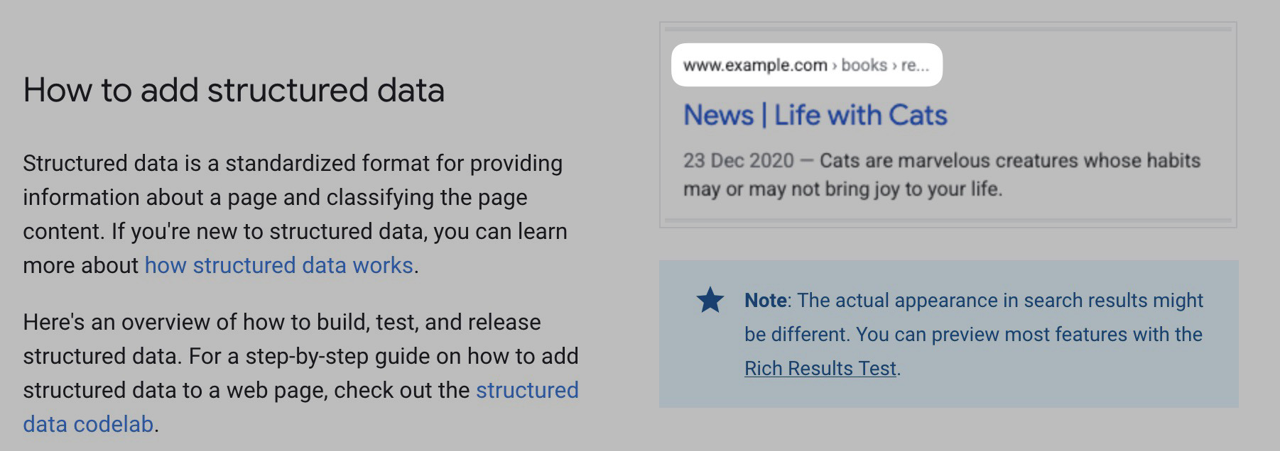 Breadcrumb structured data example in Google's SEO documentation