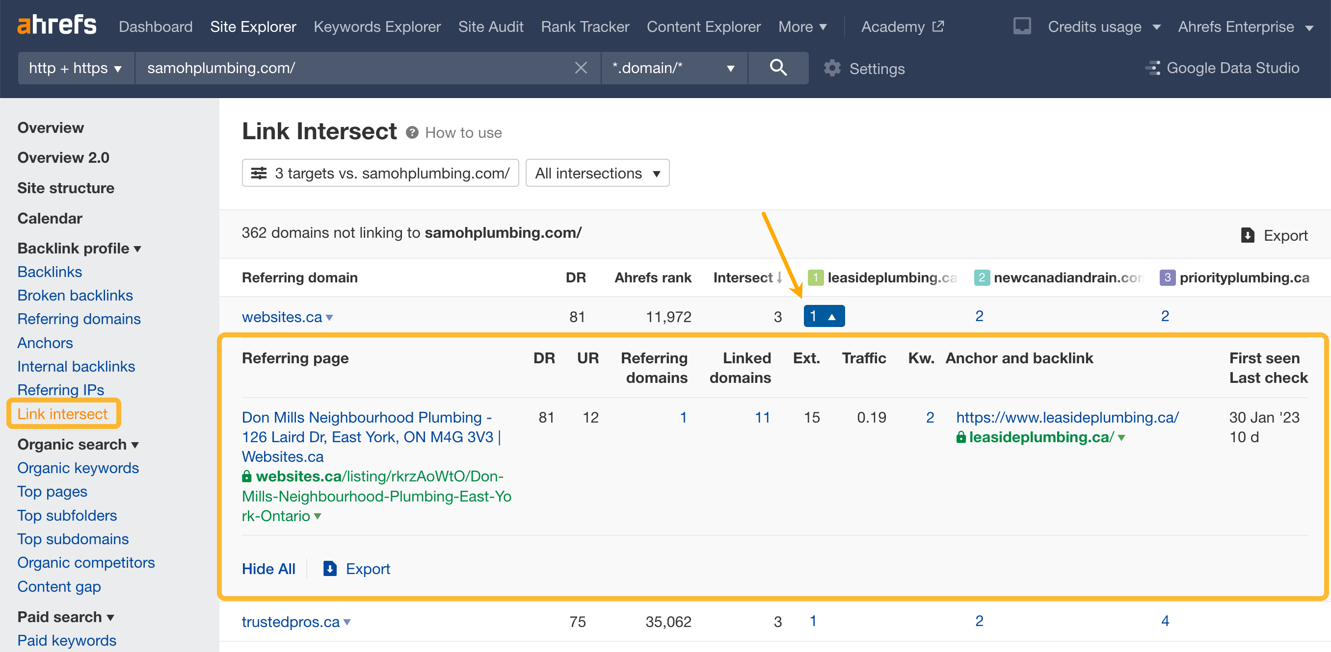 Ahrefs Site Explorer(网站分析)中的 Link Intersect(交集外链分析)报告