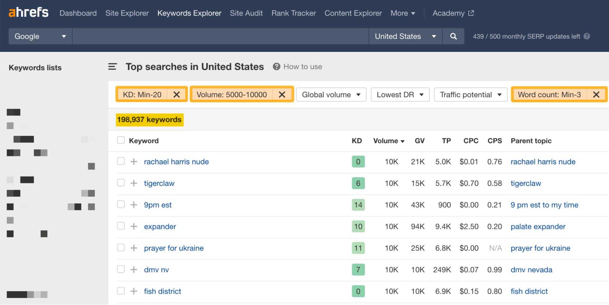 通过 Ahrefs Keywords Explorer(关键词分析) 寻找美国热门的搜索词