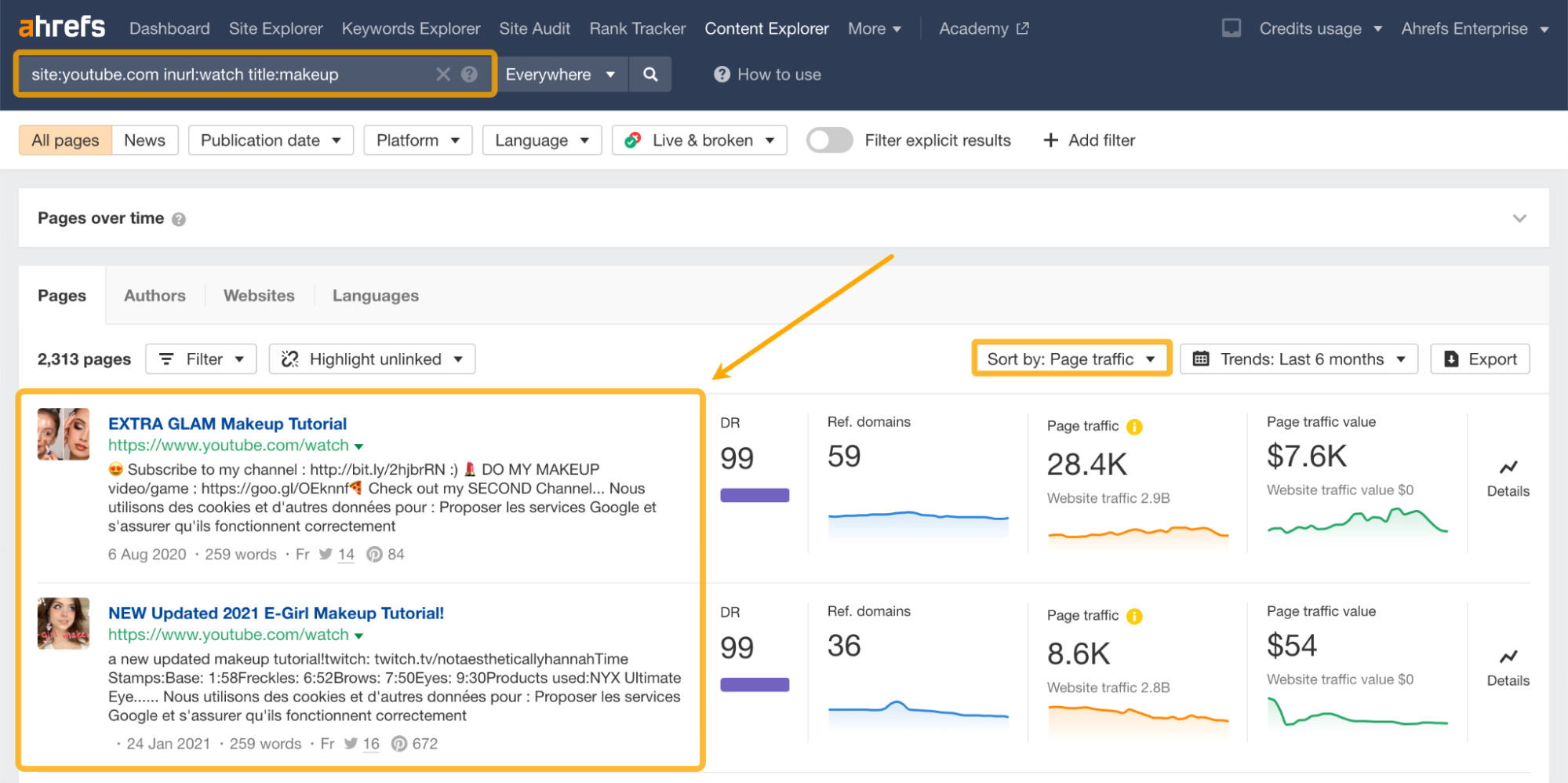 Ahrefs Content Explorer(内容分析)中视频结果搜索