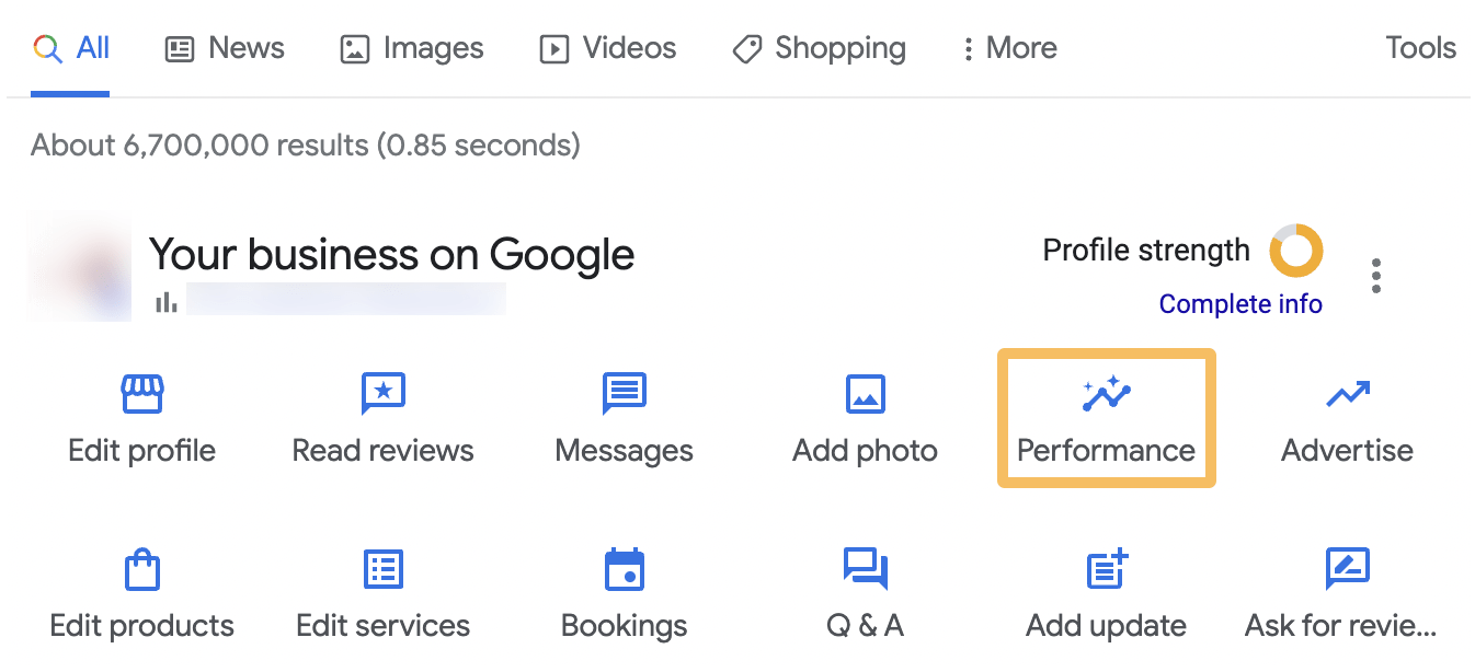 SERP dashboard with "Performance" icon highlighted, via Google Business Profile