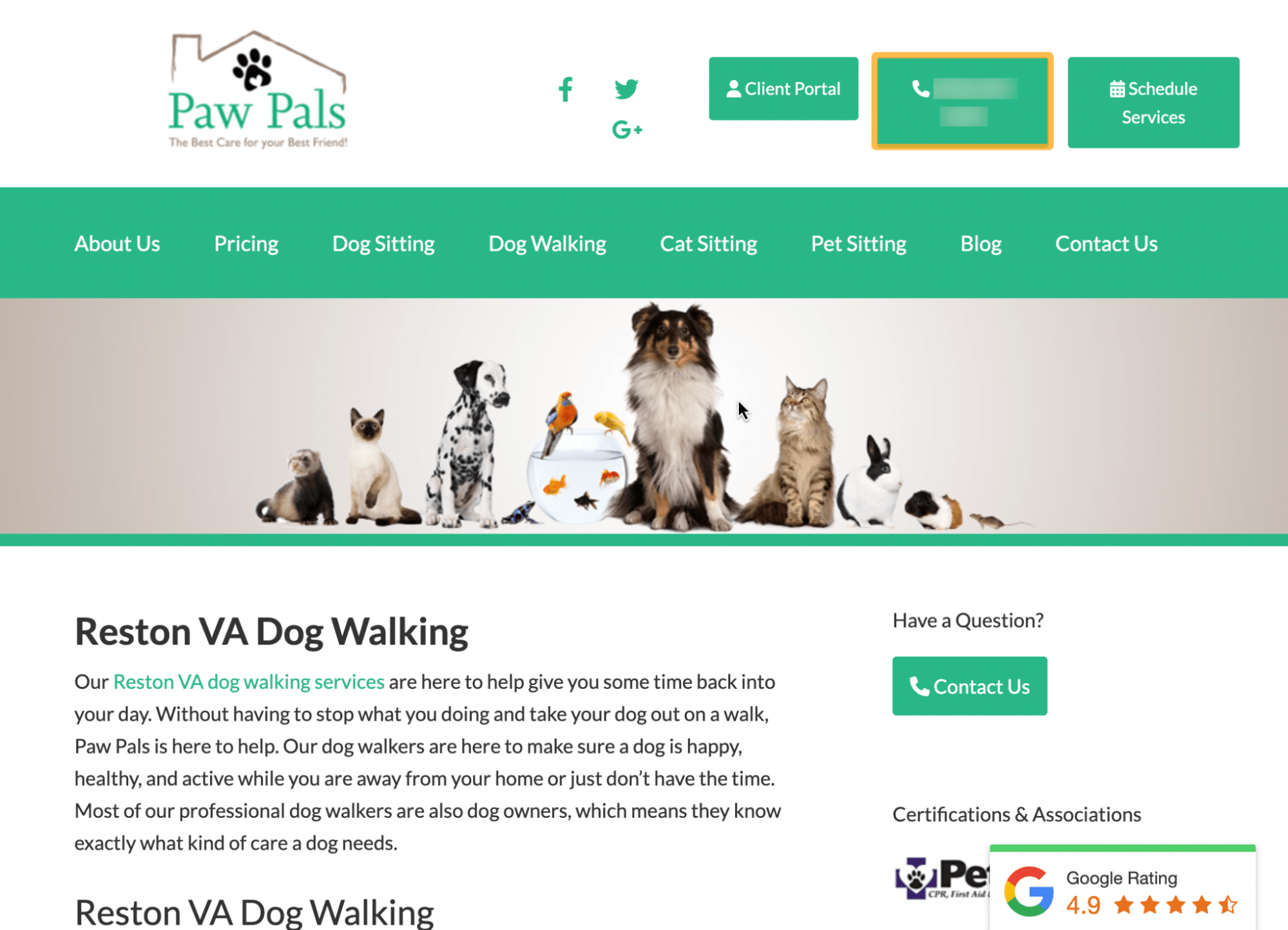 Reston VA Dog Walking landing page, via Paw Pals