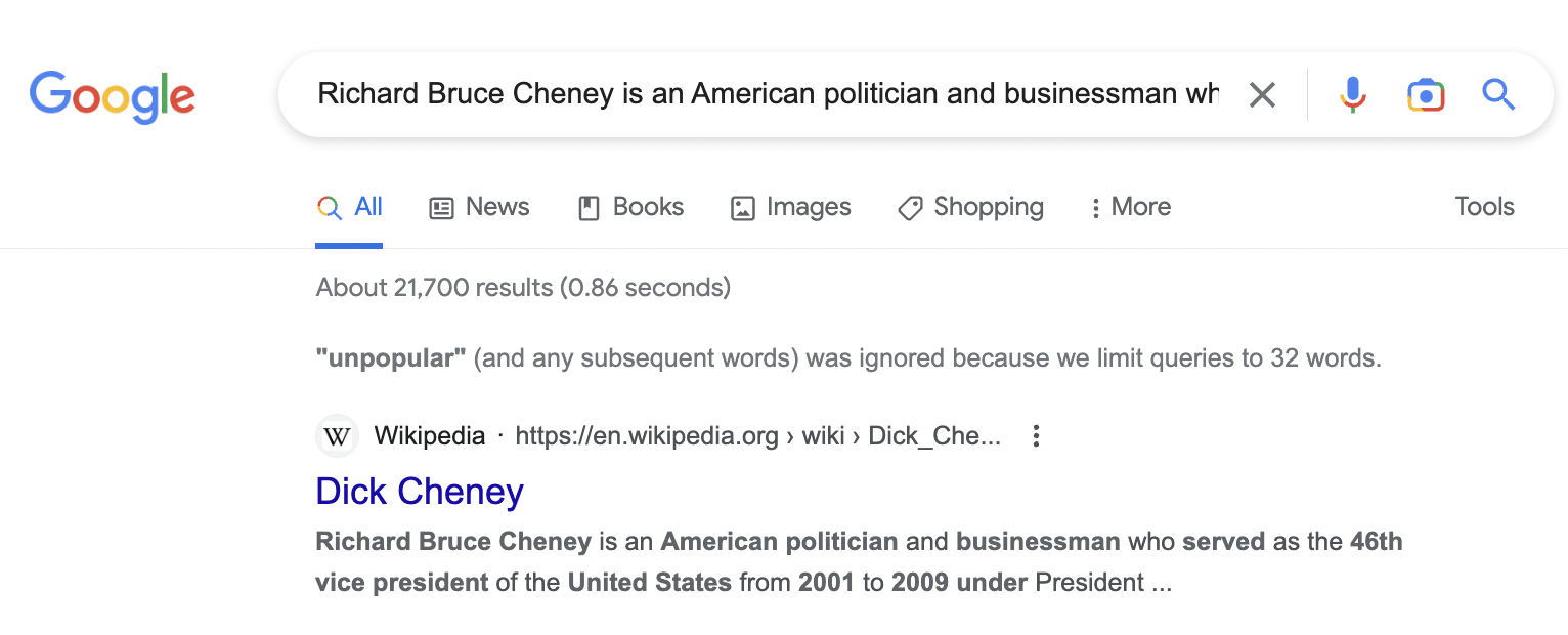 Quick copy check in Google search, via Google.com
