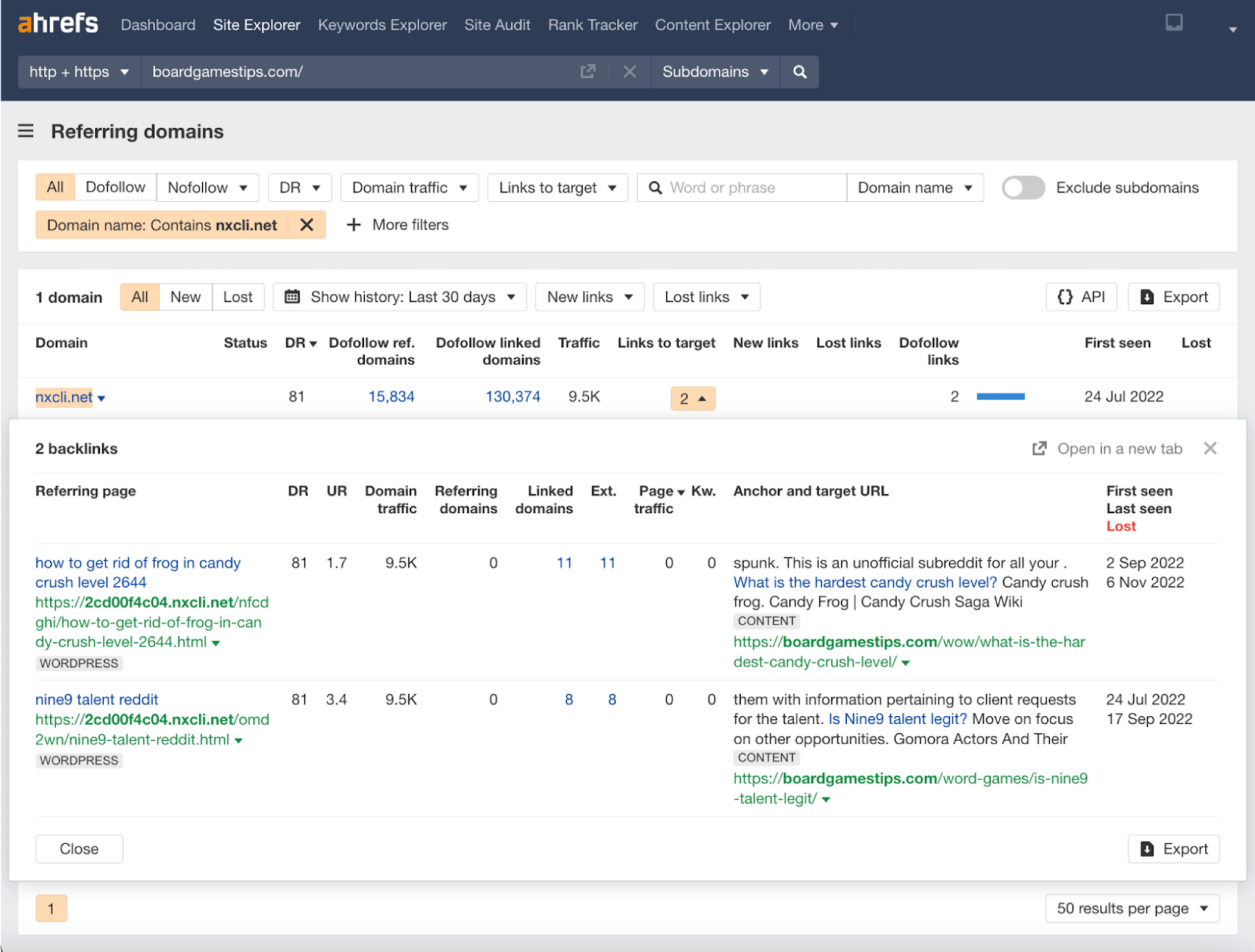Board Games Tips's Referring domains report, via Ahrefs' Site Explorer
