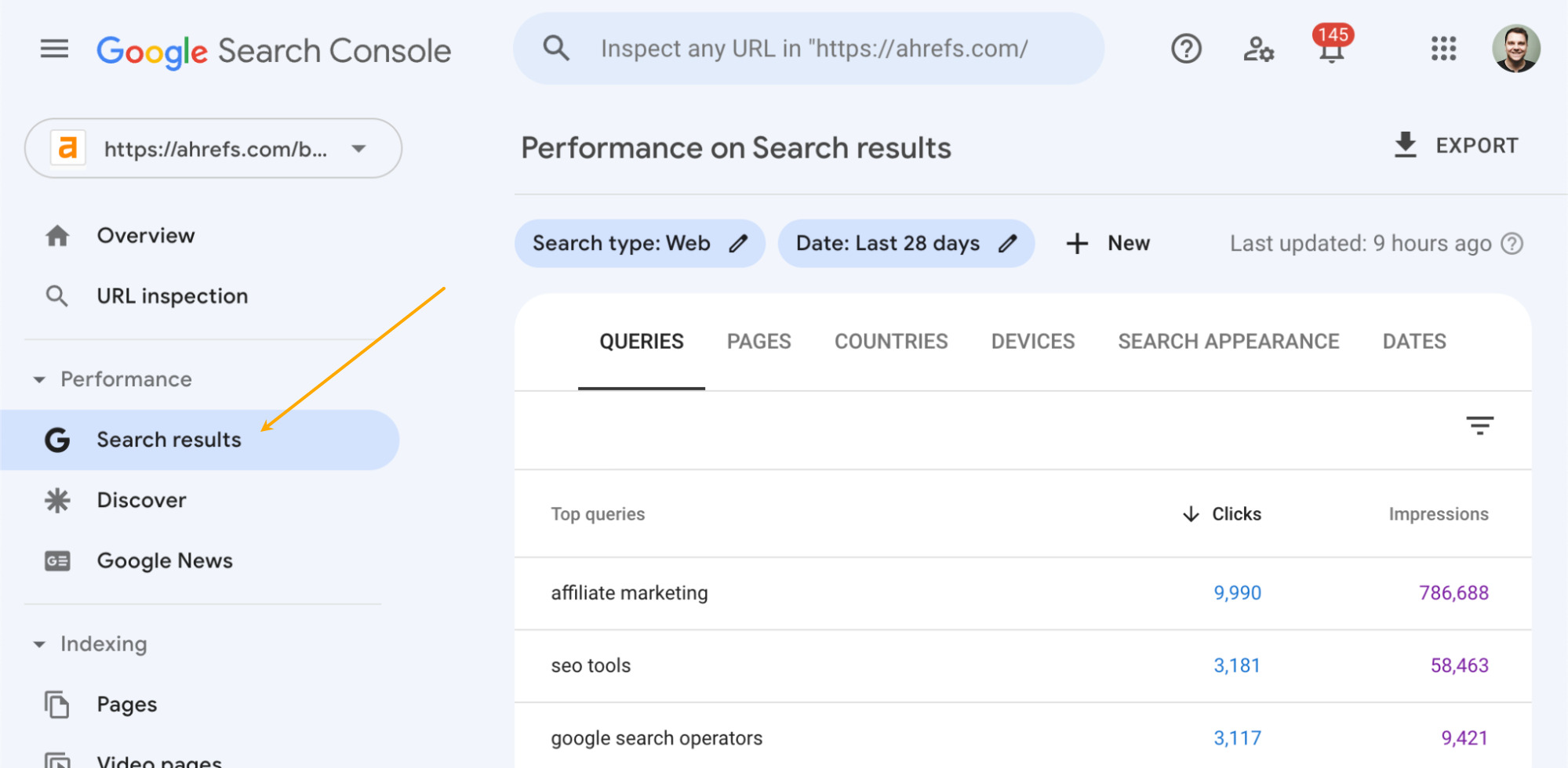 Google Search Console 中的搜索结果报告

