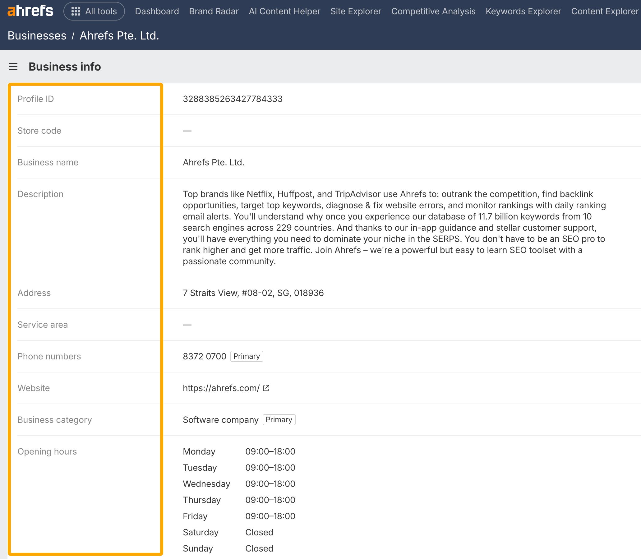 Google Business Profile fields in Ahrefs