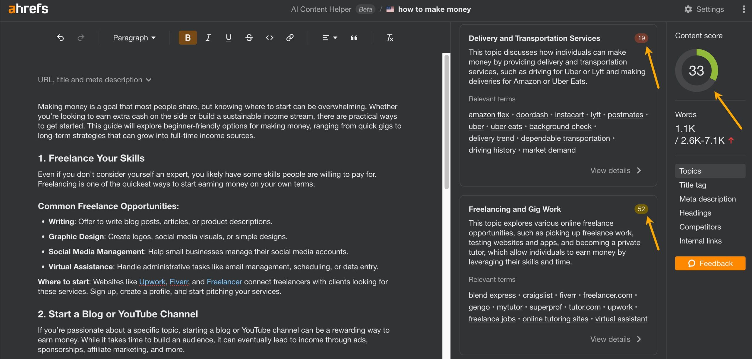 Ahrefs AI Content Helper scores topic coverage and the entire text. 