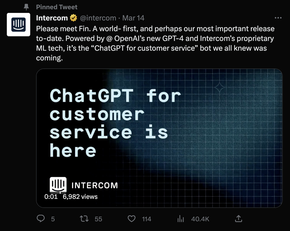 Intercom's pinned tweet announces a new product feature