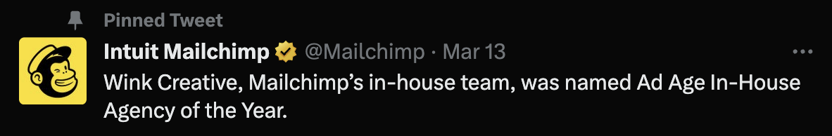 Mailchimp's pinned tweet mentions an award