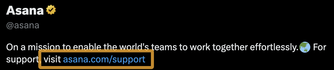 Asana links to its support page in its bio
