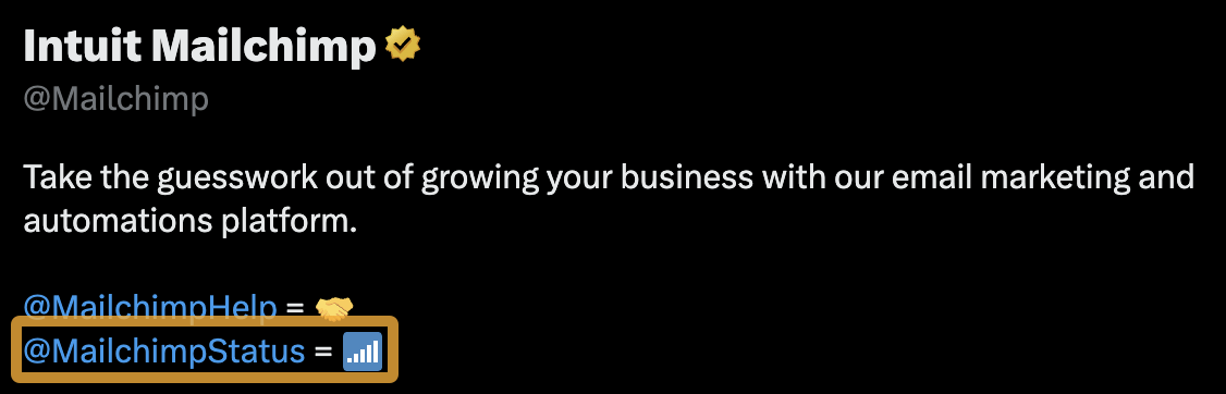 Mailchimp links to a service status account in its bio