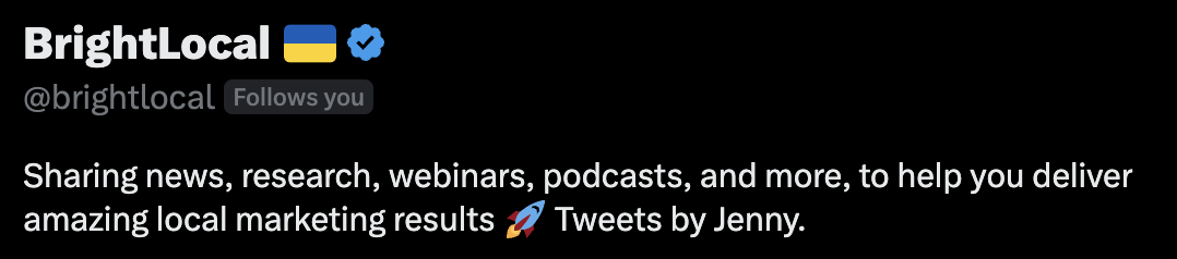 BrightLocal's bio explains what to expect by following it