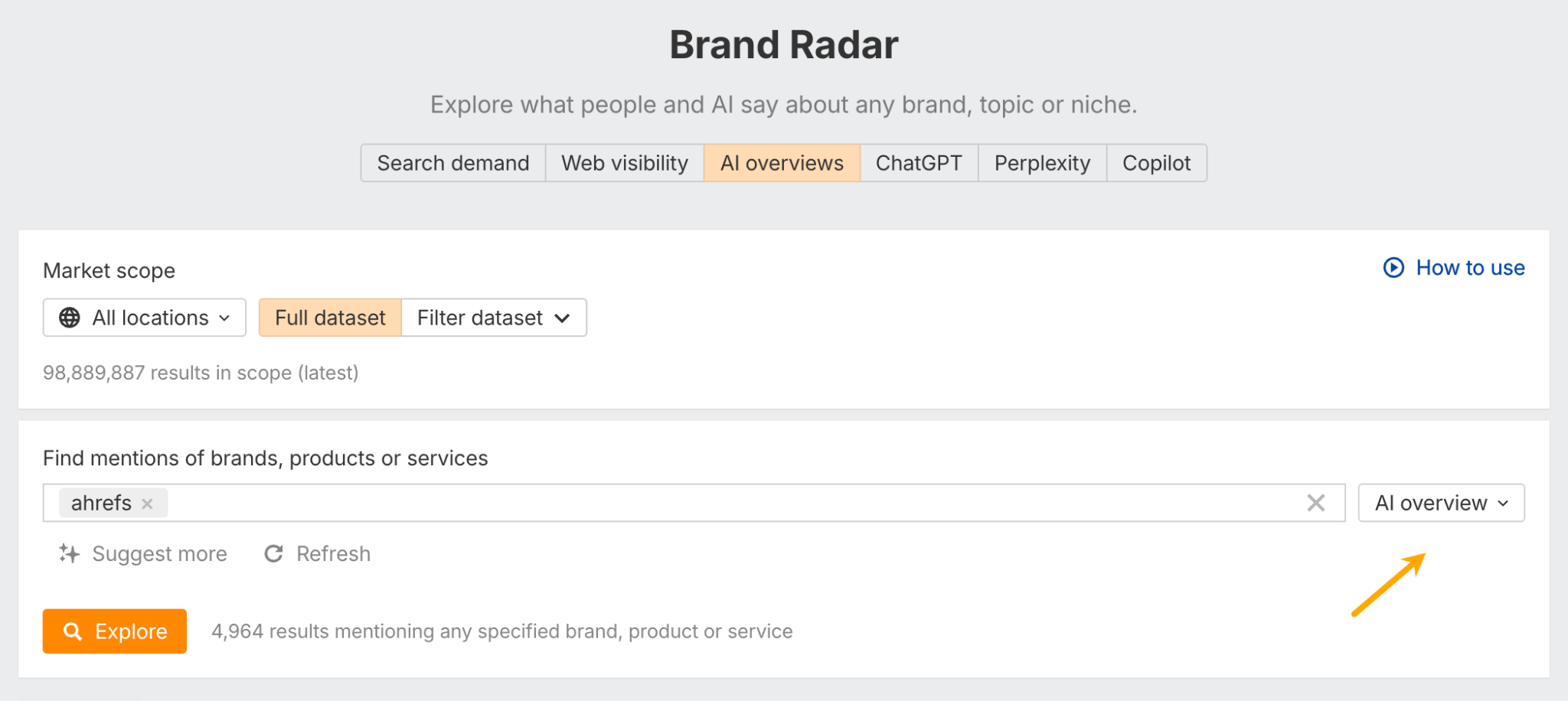 Finding keyword mentions in AI Overviews via Brand Radar. 