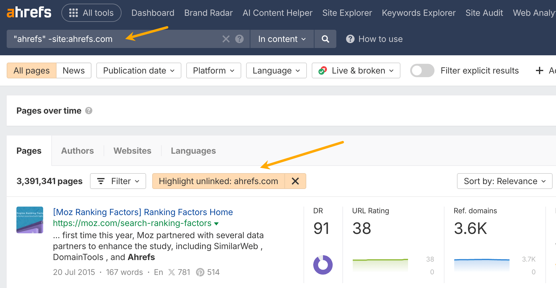 Finding unlinked mentions using Content Explorer. 