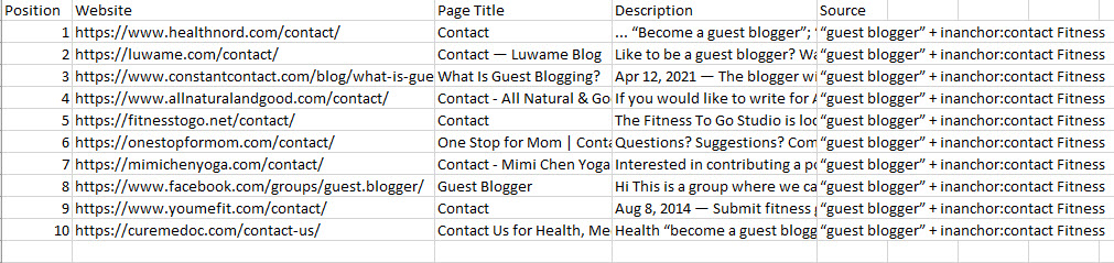 A spreadsheet of link prospects from Google