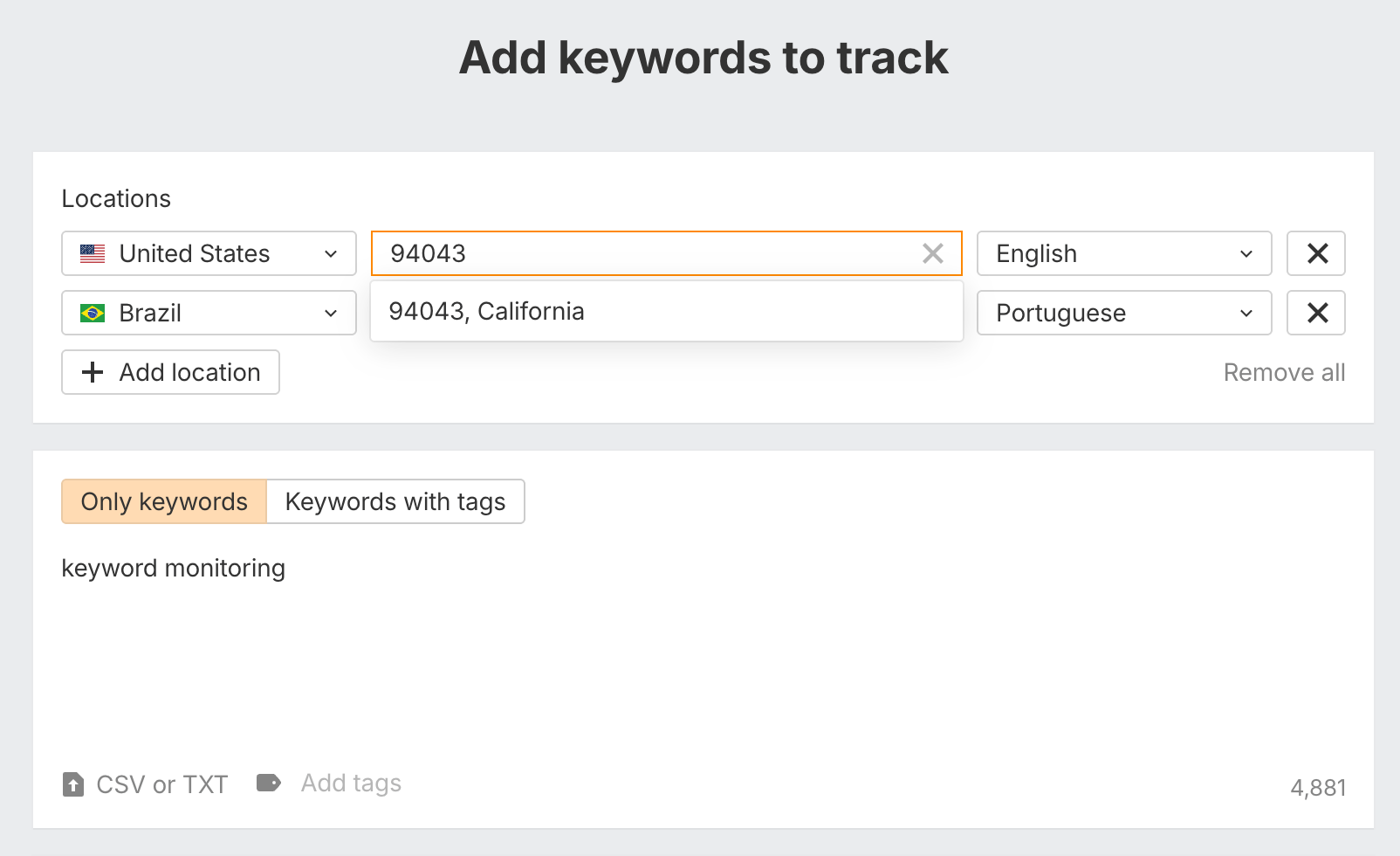Setting up keywords to track in Rank Tracker. 