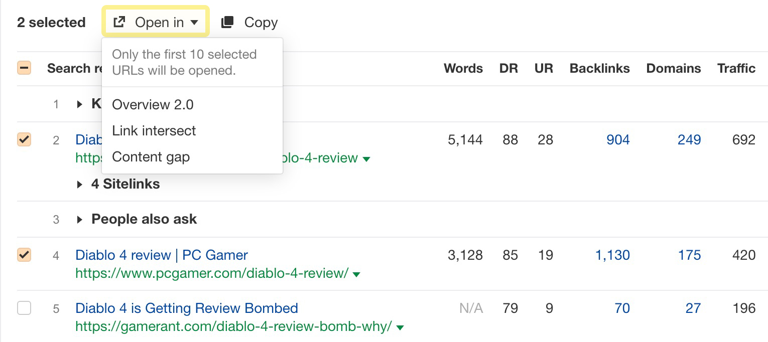 Open in Overview 2.0 from SERP overview tables