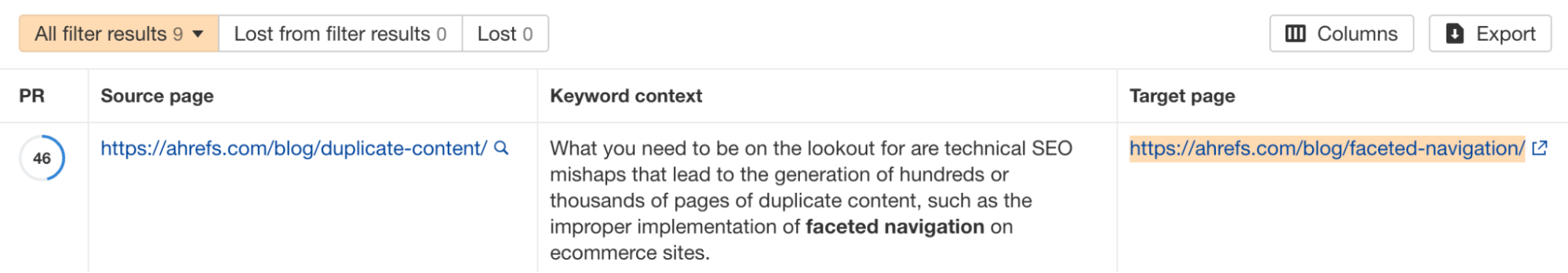 Ahrefs 网站诊断中的内部链接机会示例