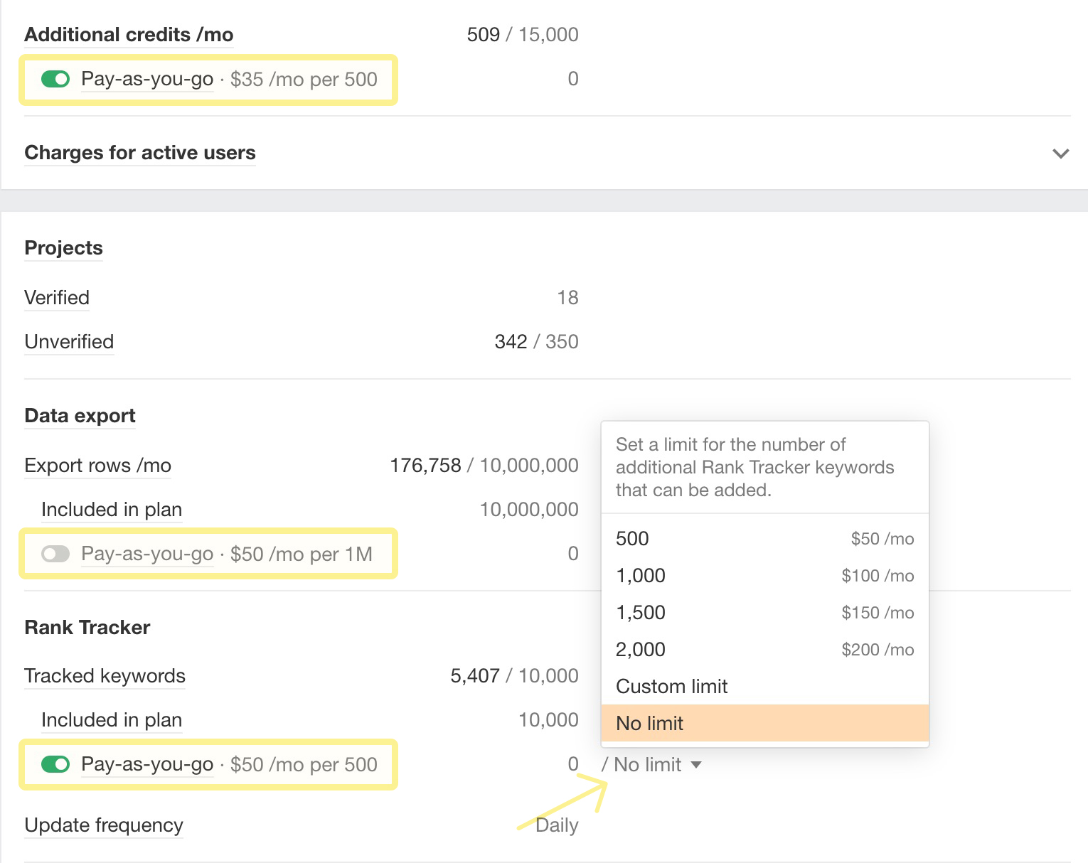Limit and disable pay-as-you-go charges