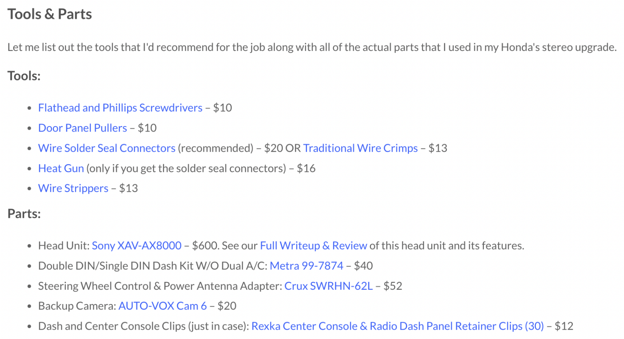 Car Audio Now tools & parts list with affiliate links