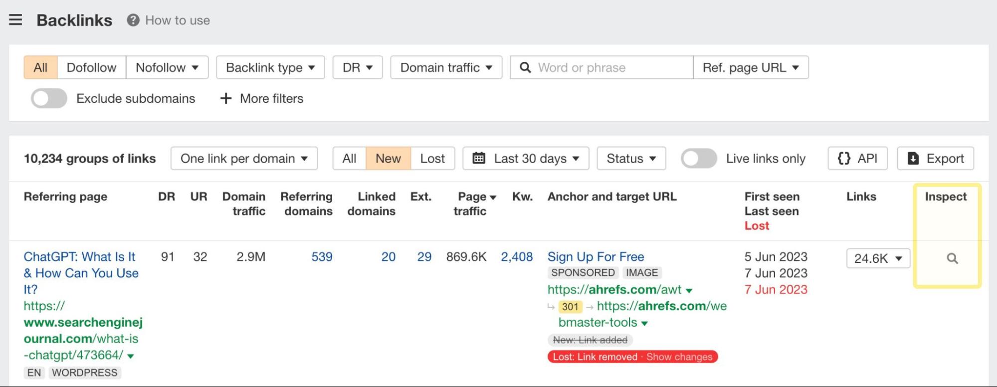 Inspect column in Site Explorer's link-related reports