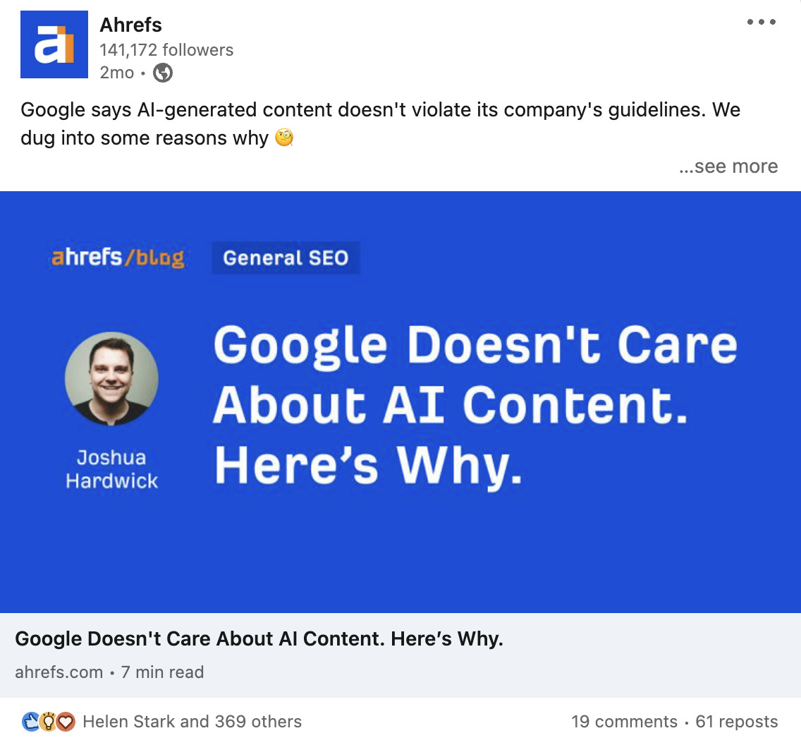 My post shared by our official Ahrefs account on LinkedIn, which has over 141K followers