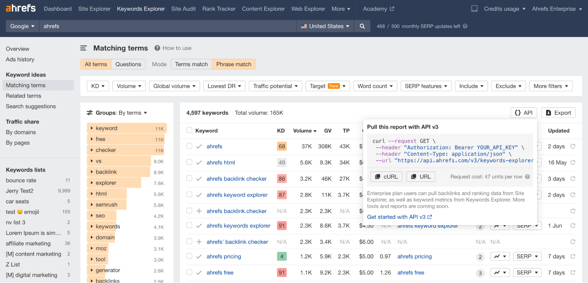 API button in Matching terms report