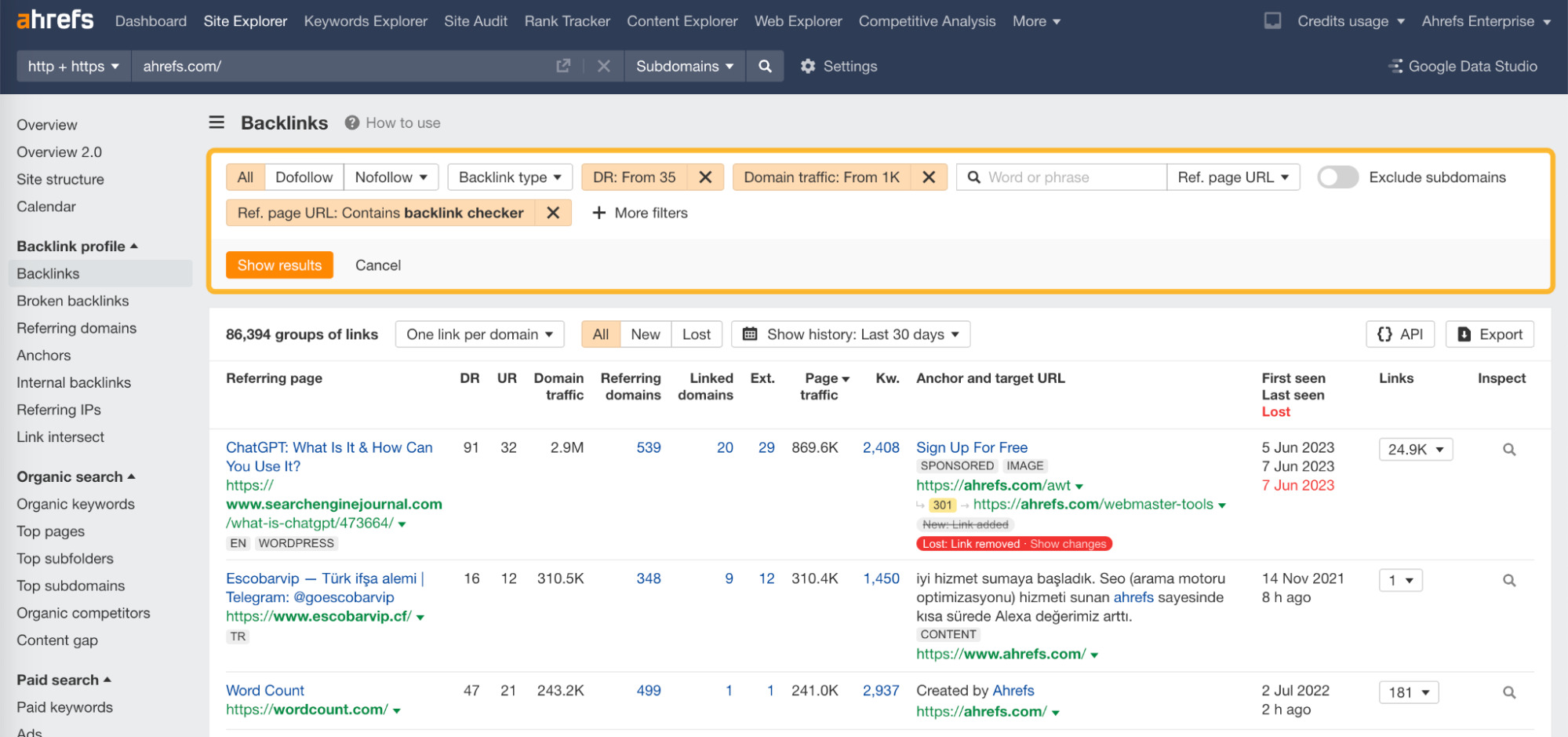 Ahrefs' "Show results" button