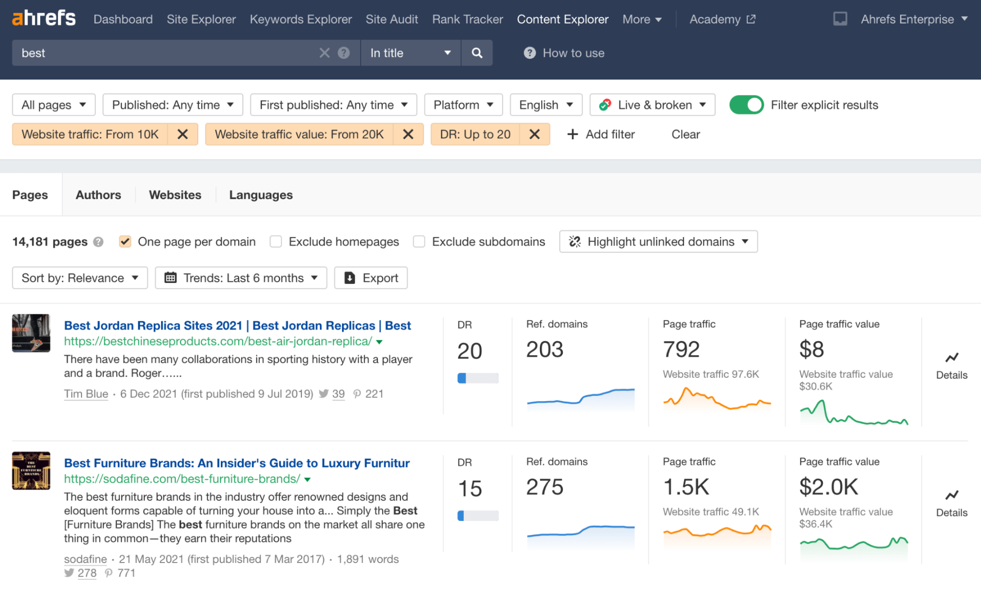 Searching for affiliate niches in Ahrefs' Content Explorer