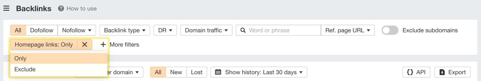 Homepage links filter in all Site Explorer's backlinks-related reports